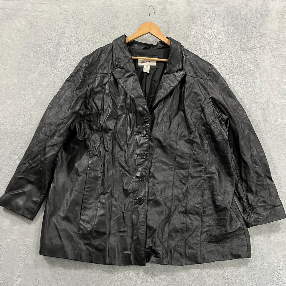 VTG Veranesi Leather Jacket Womens 28W Lined Button Black Grunge Y2K